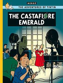 Tintin is looking at us, signaling us to stay quiet, as Castafiore is being filmed for television in the background while at Marlinspike Hall.