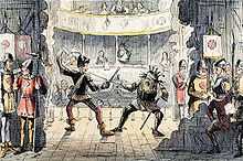 A view from the back of a stage. Two unkempt actors enact a swordfight for the audience. Men dressed as soldiers lounge and drink behind the props.