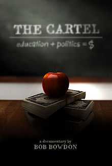 Red apple on top of stack of money on desk in front of a classroom blackboard.  Blackboard reads "education + politics = $"