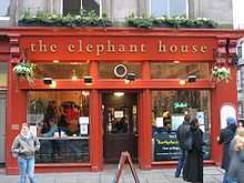 "The Elephant House", a small, painted red café where Rowling wrote a few chapters of Harry Potter and the Philosopher's Stone.