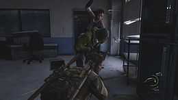 The player character is about to be attacked by an enemy, as the player companion attacks the enemy from behind.