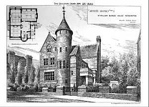 Lithograph showing the Tower House and floor plan