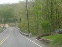 A two-lane road heading towards its end at a traffic light in a wooded area