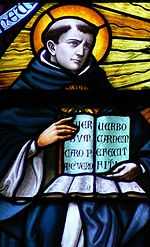 St Thomas Aquinas in stained glass, Saint-Rombouts Cathedral, Mechelen, Belgium