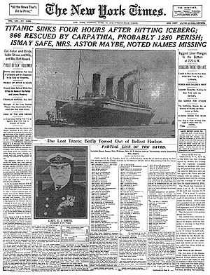 The episode references the front page of The New York Times on April 15, 1912, reporting the .