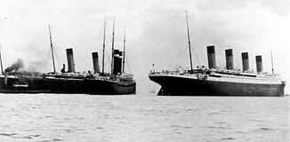 Titanic (right) after the near-collision with  (left, with )