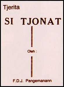 A plain book cover, reading "Tjerita Si Tjonat" at the top, "Oleh" in the middle, and "F.D.J. Pangemanann" on the bottom.