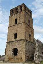Ruins of a four-storied stone tower.