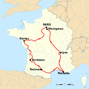Map of France with the route of the 1903 Tour de France on it, showing that the race started in Paris, went clockwise through France and ended in Paris after six stages.