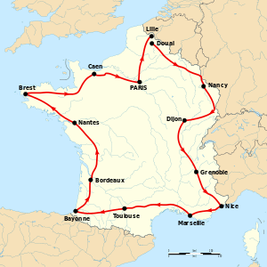 Map of France with the route of the 1906 Tour de France on it, showing that the race started in Paris, went clockwise through France and ended in Paris after thirteen stages.