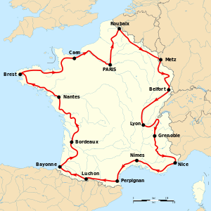 Map of France with the route of the 1910 Tour de France on it, showing that the race started in Paris, went clockwise through France and ended in Paris after fourteen stages.