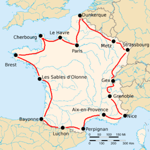 Map of France with 15 cities marked by black dots, connected by red lines. The route formed goes from Paris, counterclockwise along France's borders, back to Paris.