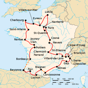 Map of France with the route of the 1986 Tour de France