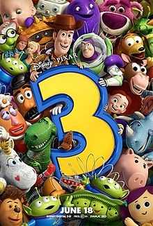 Many toys all close together, with Woody and Buzz Lightyear holding the top of a number 3.