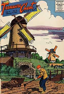 A comic book cover depicting a farmer working in a field against a backdrop of windmills, title Treasure Chest