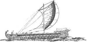 sketch of an ancient Greek sailing trireme with the sail extended
