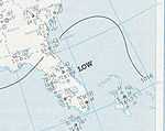 A surface weather analysis of the Florida Peninsula. A tropical depression sits just offshore, as indicated by the word "Low"