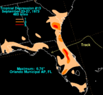 Map of the southeastern United States depicting the track and precipitation amounts of a tropical cyclone