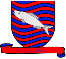 A coat of arms showing a silver fish on field of rippling red and blue