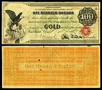 $100 Gold Certificate, Series 1865, Fr.1166c, with a vignette of an eagle and shield (left) and justice (bottom center).