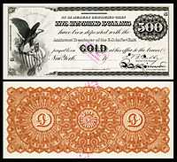 $500 Gold Certificate, Series 1865, Fr.1166d, with a vignette of an eagle and shield (left).