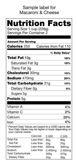 A black-and-white table headed "Nutrition Facts" and listing quantities of various nutrients exclusively in metric units