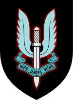 SAS winged dagger/flaming sword cap badge with "Who Dares Wins" motto
