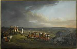 Colored painting depicting Napoleon receiving the surrender of the Austrian generals, with the opposing armies and the city of Ulm in the background