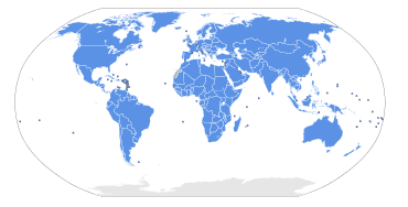 A political map of the world with all territories shaded blue to denote United Nations membership, except Antarctica, the Palestinian territories, the Vatican, and Western Sahara, which are grey