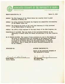 ASUH was very active in promoting Hawaiian statehood. Shortly after the Hawaii statehood bill was approved by Congress the students sent this letter to Speaker of the House Sam Rayburn (D-TX) expressing their gratitude to Congress for finally allowing Hawaii to become a state.