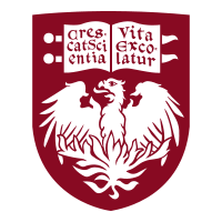 The seal of the University of Chicago. It is in the shape of a shield, with a drawing of a phoenix on the bottom and a book with the University's motto "Crescat scientia; vita excolatur" on the top.