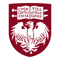 The seal of the University of Chicago. It is in the shape of a shield, with a drawing of a phoenix on the bottom and a book with the university's motto "Crescat scientia; vita excolatur" on the top.