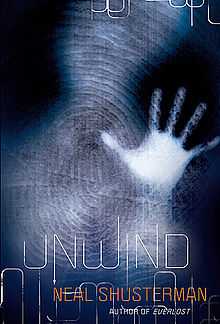 A vague humanoid form is visible, its left hand extended to the "screen" as if waving or motioning for help. The atmosphere is dark and gloomy, similar to that of a womb. A human fingerprint is overlaid on the image. Near the bottom of the image, the title "Unwind", along with the author's name, is stenciled in a thin, science fiction-esque font.