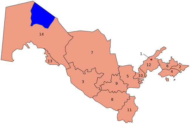 A clickable map of Uzbekistan exhibiting its provinces.