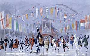 Painting representation of costumed skaters skating around inside the arena. One is a large brown bottle labelled 'Bass'. In the background is a large royal portrait of Queen Victoria.