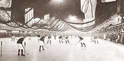 A group of hockey players are positioned on the ice inside the arena. The arena is decorated with flags on the sides. Surrounding the ice on all sides is a large group of spectators.