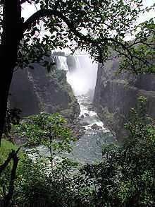 A majestic African scene. The viewer stands beneath a tree, overlooking the a large river from a high vantage point on a pleasant, sunny day. On each side of the river a great cliff rises above the viewer. In the distance an enormous waterfall can be seen, the spray from the water obscuring much of the view. The land is green and lush, and the river shimmers in the sun.