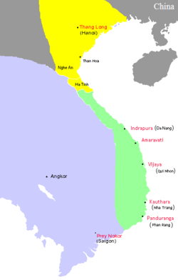 A map of the region of southeast Asia that contains the modern day states of Vietnam, Laos, and Cambodia, divided into three sections. The northern half of modern day Vietnam, as well as some of southern China, is controlled by the Lý dynasty. South of Lý is a strip of territory along the eastern coast controlled by the Champa. The rest of the peninsula is controlled by the Khmer Empire.
