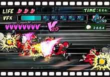 Several copies of a character in a red superhero uniform attack grey-colored enemies onscreen. Three hearts are displayed at the top of the screen next to the word "Life". Below that is a blue bar fixated between the word "VFX" and a few film canister symbols. A larger version of the symbol is displayed at the right along with a time and four-digit score. The letter V is repeated across the left of the screen.