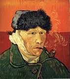 Portrait of a clean shaven man wearing a furry winter hat and smoking a pipe; facing to the right with a bandaged right ear