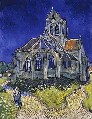 A frontal view of a church, with darkened blue sky overhead, we see the back of a small single figure of a woman walking away from us on the road in front of the building to the left into the distance.