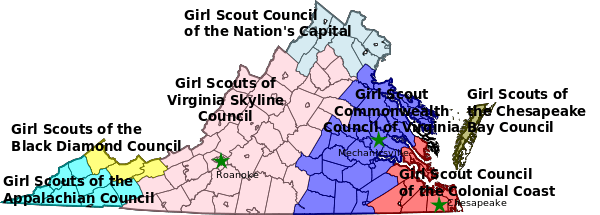 Map of Virginia with counties showing the different Girl Scout Councils