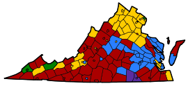 Virginia counties colored either red, blue, yellow, green, or purple based on the populations most common ancestry. The south-east is predominately purple for African American, while the west is mostly red for American. The north has yellow for German, with two small areas green for Irish. Yellow is also found in spots in the west. A strip in the middle is blue for English.