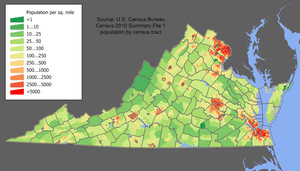 A map of Virginia with areas colored in green for low population changing to red for areas of high population. The most red areas are in the very north of the state, the center of the state, and the very south-east of the state. The rest is mostly green.