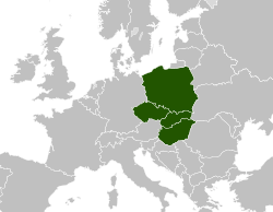 Map of Europe indicating the four member countries of the Visegrád Group