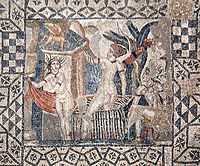 Top-down view of a square mosaic with a geometric border and a square inset showing Diana and her nymph surprised by Actaeon while bathing