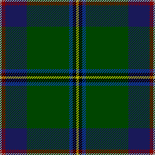 A green square cut into equal quarters by yellow, black, and blue "stitched" lines. Red and white stitches outline the entire square, and patches of blue and green fill the inner quadrants.