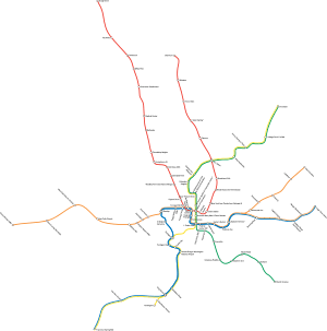 An actual map with correct distances and geographic placement illustrates how all lines intersect and have many stations in the downtown area, and extend with more widely spaced stations far out into the neighboring areas.