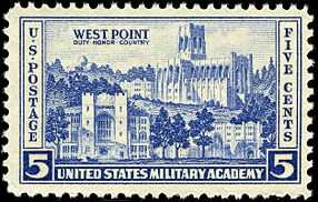 Image of a U.S. commemorative stamp featuring buildings at West Point