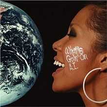 To the left of the cover is half of the world seen from space, while on the right side is a close-up of Ai's face. She is smiling, eves closed, and wearing large bangle earrings. Written on her cheek in white is "What's Goin On A.I."